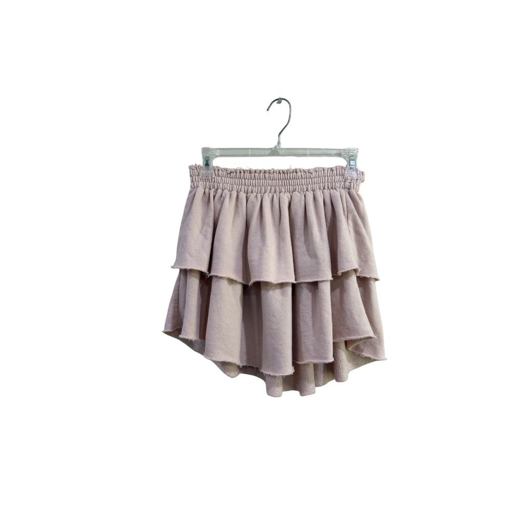 Aerie Pink Sweatshirt Skirt XS Smocked Tiered Ruffle Raw Hem Mini Cotton